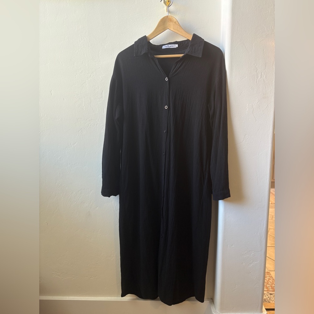 Black Button-Up Long Sleeve Shirt Dress with Button Sleeves and Collar Size L